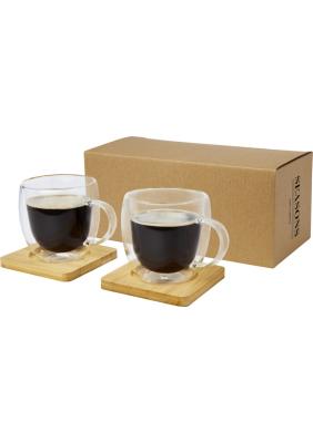 Manti 2-piece 250 ml double-wall glass cup with bamboo coaster 
