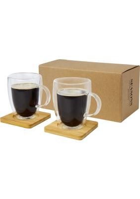 Manti 2-piece 350 ml double-wall glass cup with bamboo coaster 